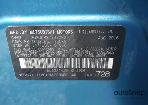 2017 Mitsubishi Mirage Se from USA, damaged, VIN ML32A4HJ9HH012934